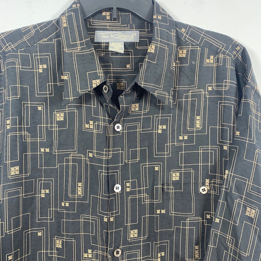 Tori Richard Honolulu Button Up Shirt Mens 2XL Black Gold Silk Geometric Beachy